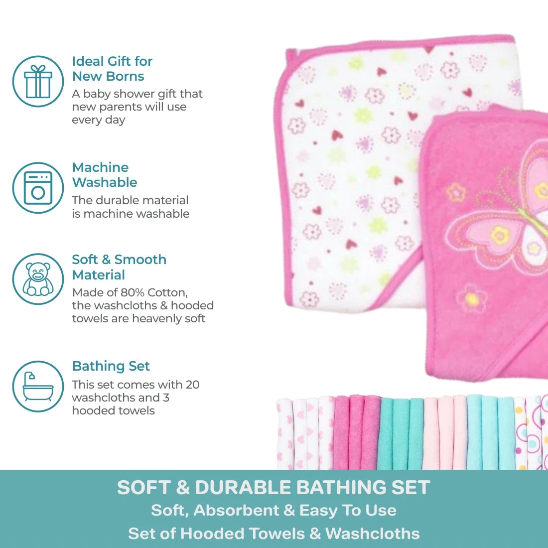 Bath Hooded Towels & Washcloths Set for Babies, 23-Piece Gift Set, Pink Butterfly