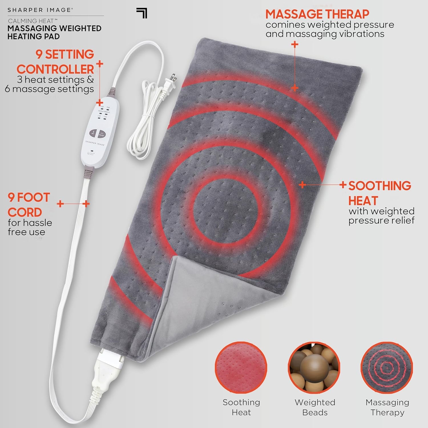 Calming Heat Massaging Weighted Heating Pad by Sharper Image- Weighted Electric Heating Pad with Massaging Vibrations, 6 Settings- 3 Heat, 3 Massage- 9 Relaxing Combinations, 12” X 24”, 4 Lbs