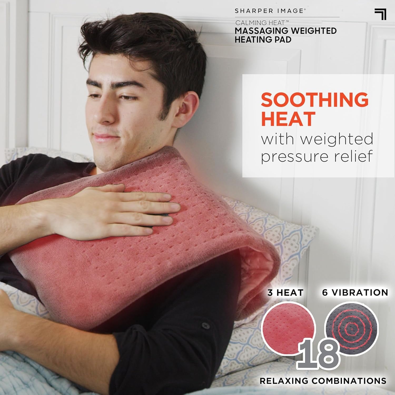 Calming Heat Massaging Weighted Heating Pad by Sharper Image- Weighted Electric Heating Pad with Massaging Vibrations, 6 Settings- 3 Heat, 3 Massage- 9 Relaxing Combinations, 12” X 24”, 4 Lbs