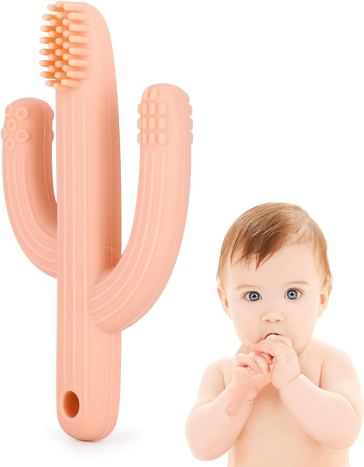 Cactus Teether, Baby Teething Toys for Babies 0-6 Months 6-12 Months, Self-Soothing Pain Relief Soft Baby Toothbrush for Babies, Toddlers, Infants, Boy and Girl, Natural Organic BPA Free(Peachy)