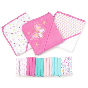 Bath Hooded Towels & Washcloths Set for Babies, 23-Piece Gift Set, Pink Butterfly