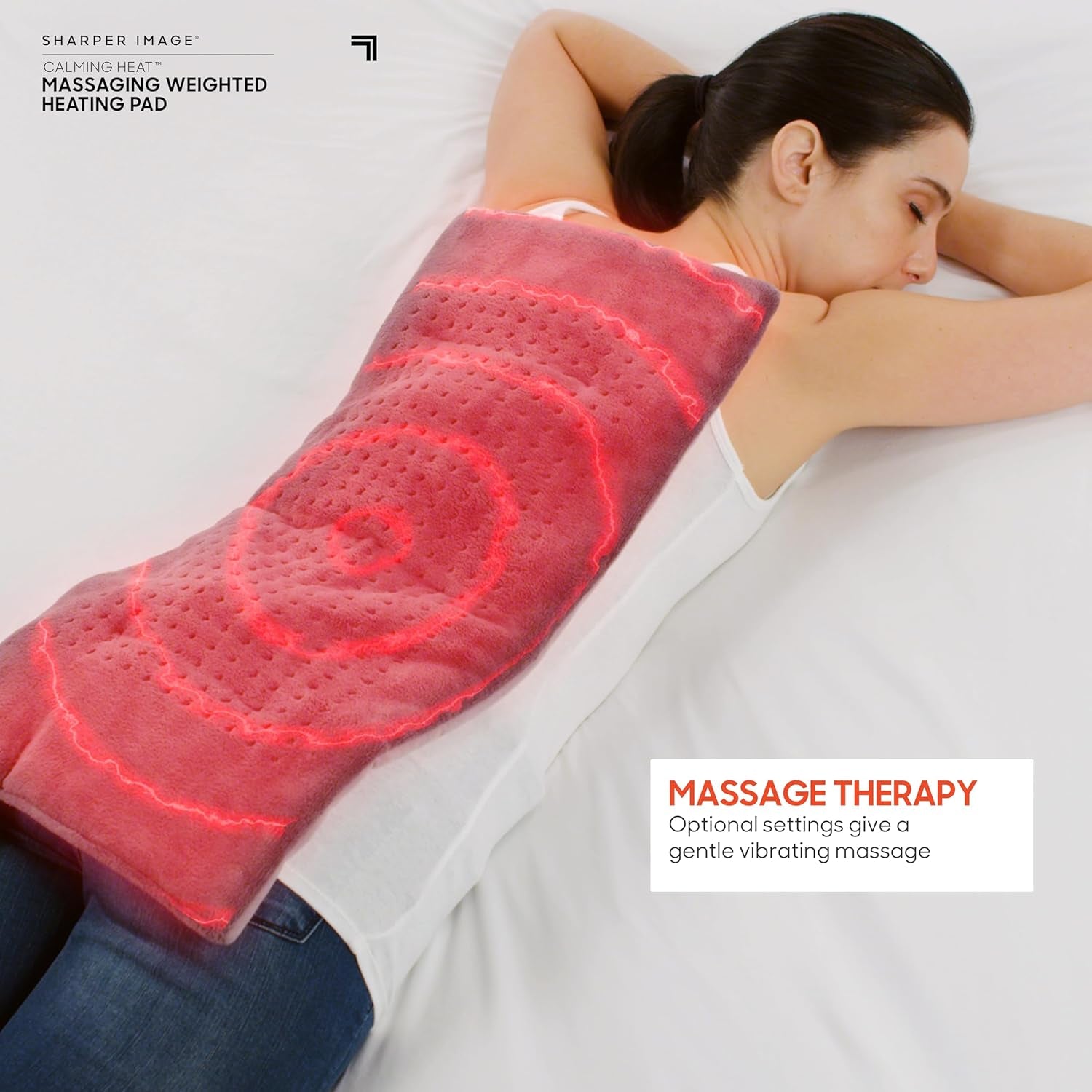 Calming Heat Massaging Weighted Heating Pad by Sharper Image- Weighted Electric Heating Pad with Massaging Vibrations, 6 Settings- 3 Heat, 3 Massage- 9 Relaxing Combinations, 12” X 24”, 4 Lbs