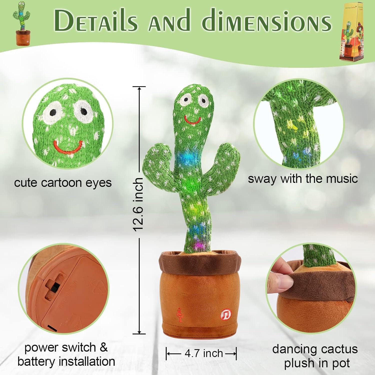 Dancing Cactus Toy Cute Plushies, Talking Cactus Baby Toy 0-6 Months Wriggle Singing 120 English Hit Song Sensory Musical Toy for Babies 6-12 1-3 4+ Year Old for Girls Boys