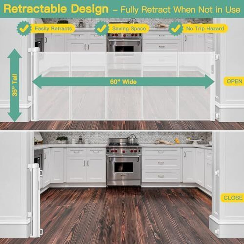 Reinforced 60" Wide Retractable Baby Gate with (35" Tall X 60" Wide) White